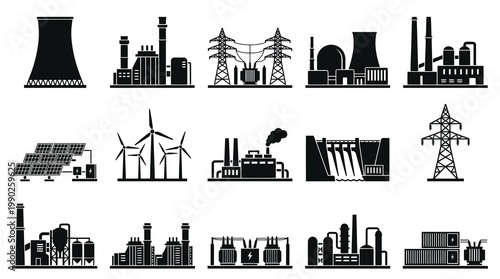 Energy  Power Industry Solid Glyph Icons Collection: Electricity, Renewable, Fossil Fuels
