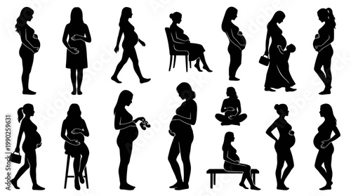 Pregnant Women Silhouettes Collection, Motherhood, Maternity, Black and White