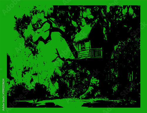 Vector illustration of a tree house silhouette with a rural natural feel on a green background.