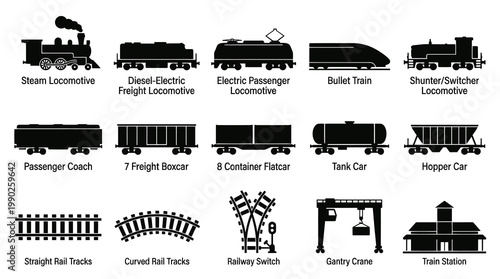 Black  White Vector Icons of Various Train Types and Railway Equipment
