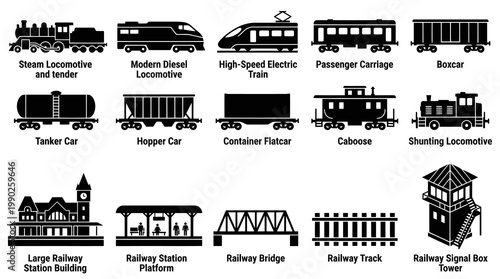 Railway Train Transportation Icons Set - Locomotives, Cars, Stations, Tracks Silhouette Vector