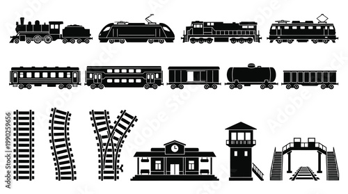 Railroad Train Transportation Silhouettes  Icons Set: Locomotives, Wagons, Tracks, Station