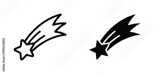 Shooting star vector icons, falling star with light trail, celestial comet symbols in outline and solid black styles, astronomical sky elements