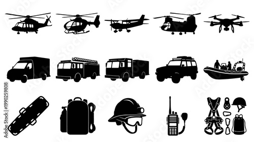 Emergency Services and Rescue Mission Equipment Glyph Silhouettes