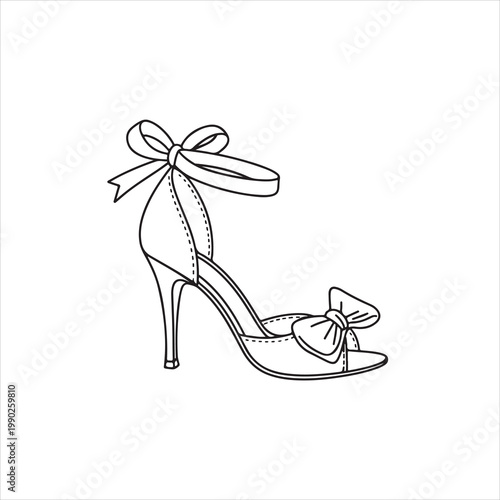 A high-heeled shoe with a bow on the toe and ankle strap