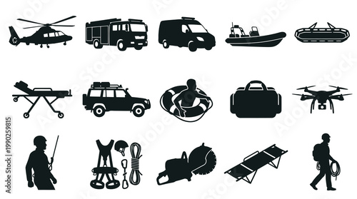 Emergency Services Rescue and First Responders Equipment Black  White Vector Glyphs Set