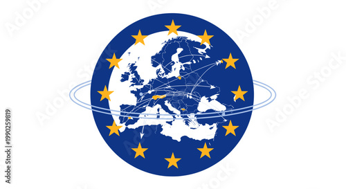 A blue circular emblem featuring a white map of Europe, surrounded by golden stars, with network lines connecting various points across the continent, symbolizing European unity and connectivity.