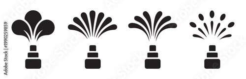 Fragrance perfume spray nozzle icons displaying different mist patterns and water splash droplets for beauty design.