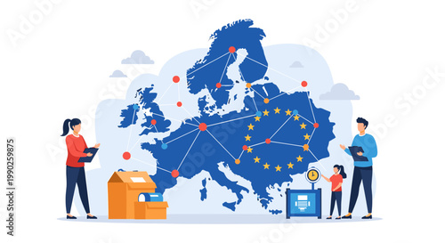 Illustration depicting European business connectivity, trade, logistics, and data analysis with people interacting around a map of Europe.