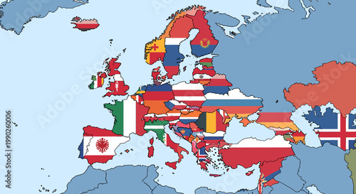 Canvas Print A Political Map of Europe Displaying National Flags Within Each Country's Borders