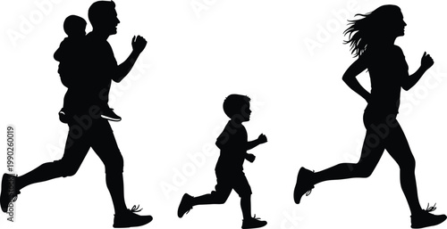 Family of four running together, happy father carrying baby on back, active mother and young son jogging in park, healthy lifestyle and fitness concept
