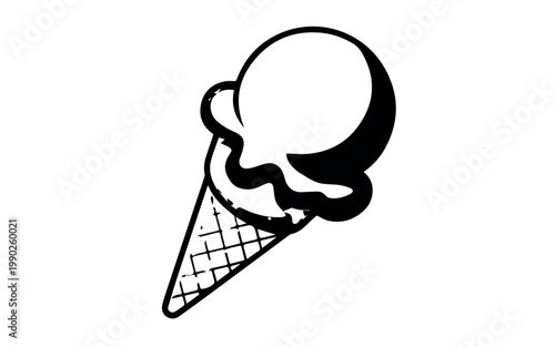 A delicious-looking black and white outline icon depicts a classic ice cream cone topped with a generous scoop of melting ice cream.