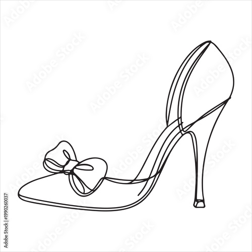 A black and white drawing of a high heel shoe with a bow on the toe