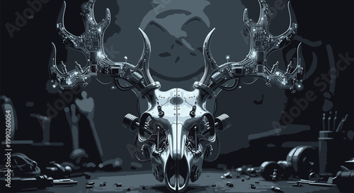 Cybernetic Deer Skull with Mechanical Antlers in Dark Studio Setting