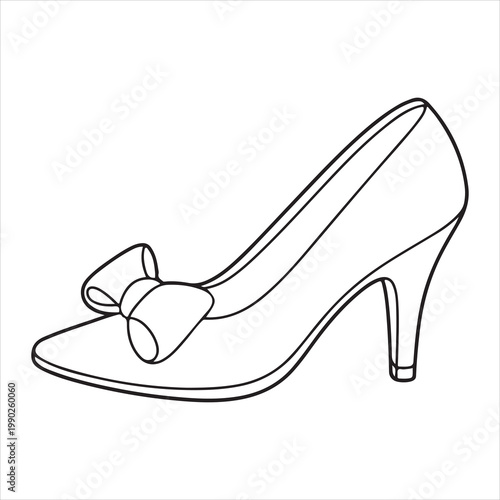 A black and white drawing of a high heeled shoe with a bow on the toe