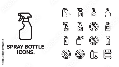 Set of spray bottle icons featuring various designs, including a large single bottle with a trigger sprayer.