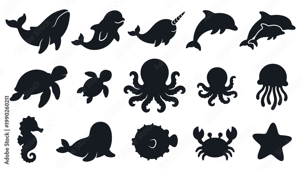 Obraz premium Flat Black Marine Animals Silhouette Icons Set for Ocean and Sea Life Designs