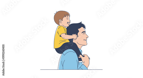 Father carrying his son on shoulders, both smiling happily.