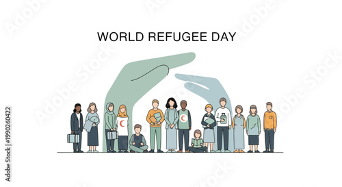 World Refugee Day illustration with diverse group of people under protective hands.