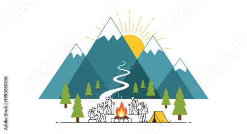People camping and gathered around a campfire in the mountains.