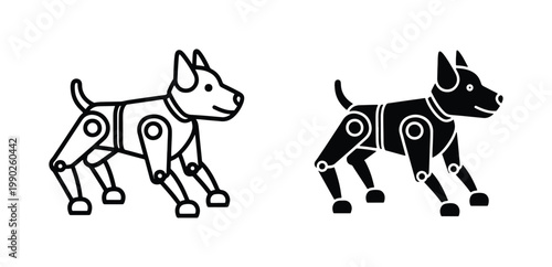 Futuristic robot dog vector icons, mechanical pet canine illustrations, black and white robotic animal symbols for technology and toy design