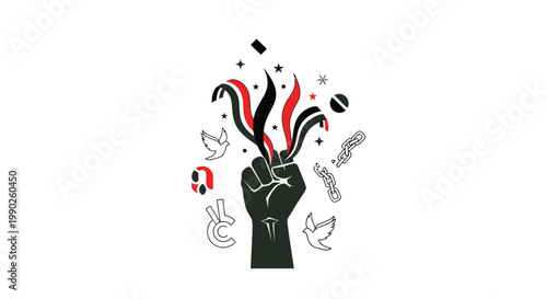 Raised fist with broken chains and doves represents freedom and hope.