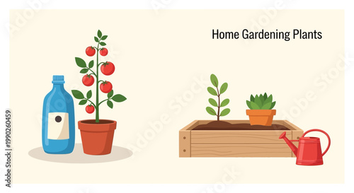 Illustration of Home Gardening Plants and Tools