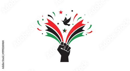 Raised fist with dove and confetti in black, red, and green.