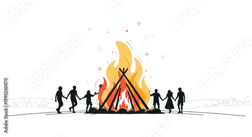 People dancing in a circle around a bonfire, celebrating togetherness.