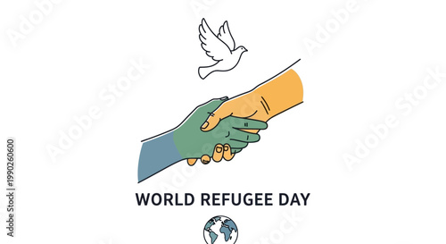 World Refugee Day with symbolic handshake, dove, and globe icon.