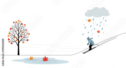 Skier descends slope under autumn rain with falling leaves.