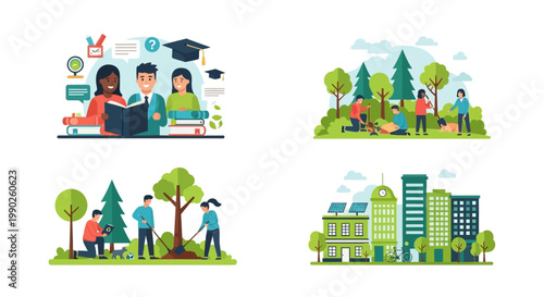 Diverse people engaged in education, environmental care, and sustainable living.