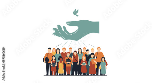 Diverse community under a protective hand representing humanitarian aid and peace illustration.
