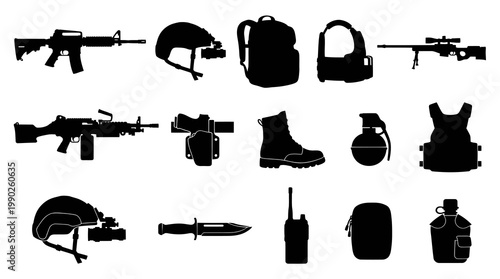 Black and White Military Gear Silhouettes: Tactical Equipment Icons