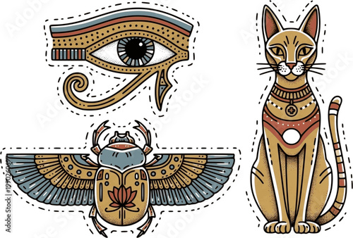Ancient Egypt vintage art hipster line art Illustration vector with eye of horus, Sacred scarab and Cat