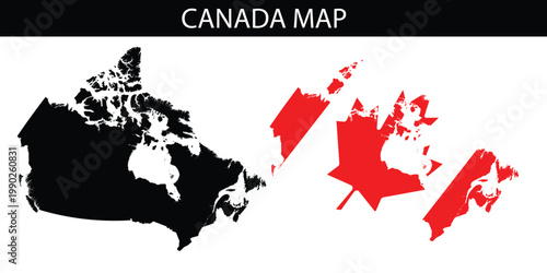 Canada map silhouette and stylized canadian flag with maple leaf design vector illustration.