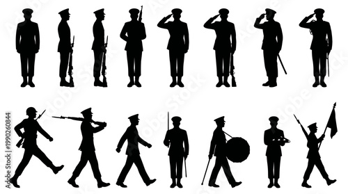 Military Soldiers Silhouettes Icons Set, Vector Graphics, Black White