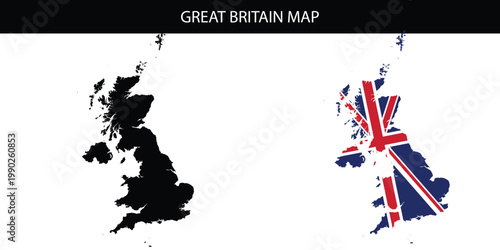 Great britain and united kingdom map silhouettes one solid black and one with union jack flag pattern uk map. Vector illustration.