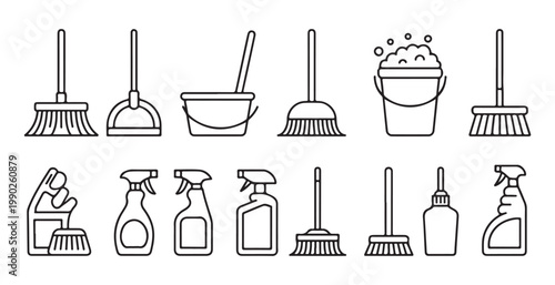Extensive collection of outline cleaning tool icons, including brooms, buckets, and spray bottles.