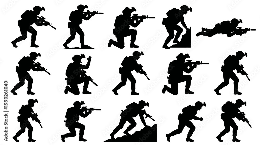 Obraz premium Military Soldier Silhouette Set: Action Poses with Weapons, Vector Art