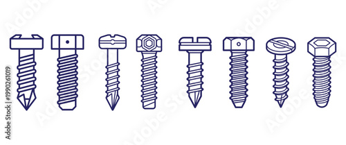 Set of industrial screw and bolt icons with different head types and thread patterns for construction and engineering.