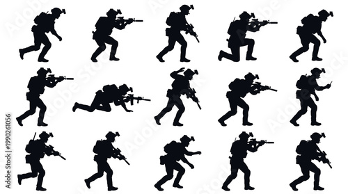 Silhouette of Soldier Poses in Action - Military  Combat