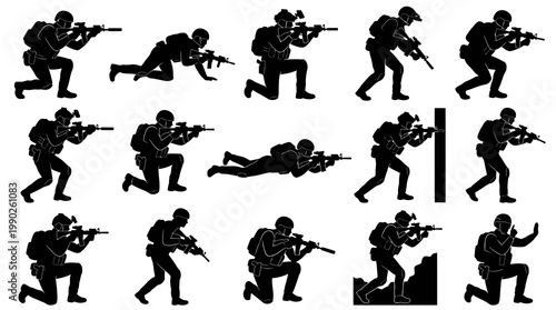 Black  White Soldier Icons Set - Military Action Poses