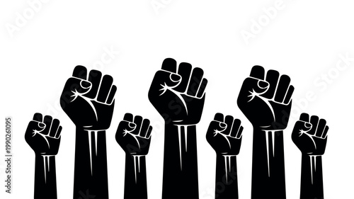 A powerful graphic showing multiple black silhouettes of raised fists, symbolizing unity, protest, strength, and collective action against a stark white background.