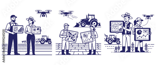 Farmers utilizing modern technology with drones and tractors for smart agriculture, analyzing data for optimized farming.