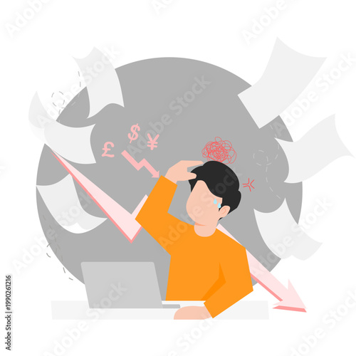 Stressed businessman with falling graph and swirling papers, representing economic downturn, financial pressure, business crisis, and uncertainty during recession.