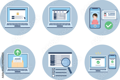 オンラインでの申請と審査のプロセスを可視化したフラットアイコンセット