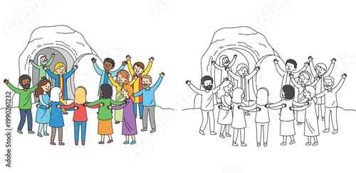 Diverse Group of People Celebrating at the Empty Tomb Illustration, Christian Easter Resurrection Scene in Color and Line Art Outline for Coloring Page Activity and Sunday School
