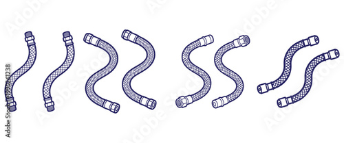 Series of blue-outlined flexible hoses with various bends, illustrating diverse plumbing and industrial applications.