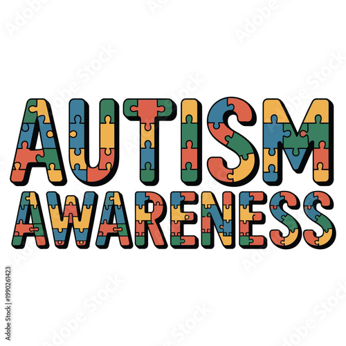 Colorful Autism Awareness Puzzle Pieces Typography.